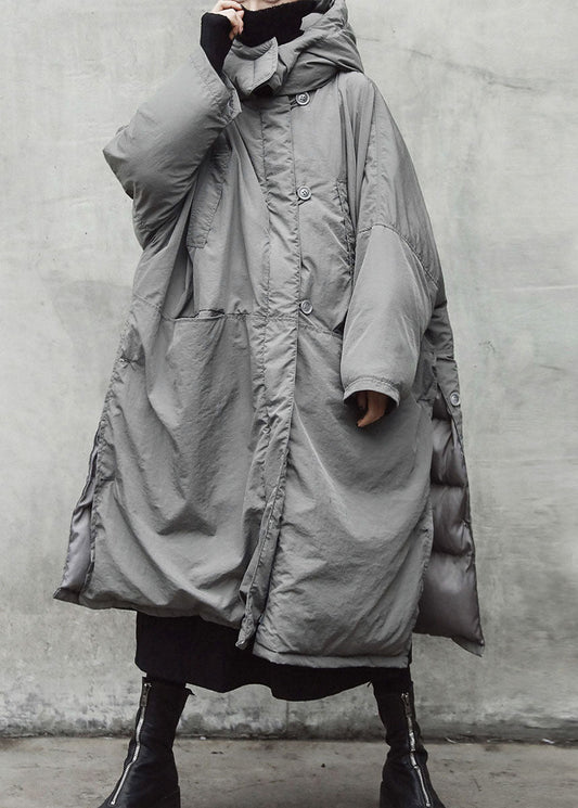  Vintage Grey hooded Pockets side open Thick Winter Cotton coat - Down Jackets - DYAVOR® 