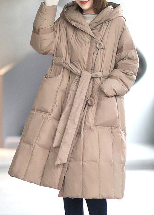  Vintage Khaki Button Pockets tie waist Winter Duck Down Coat - Down Jackets - DYAVOR® 