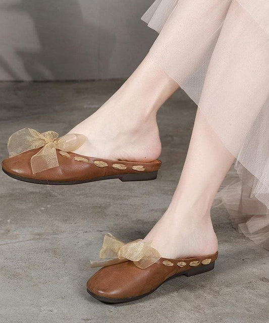  Vintage Lace Up Flat Shoes Brown Cowhide Leather Slippers - Slide Sandals - DYAVOR® 