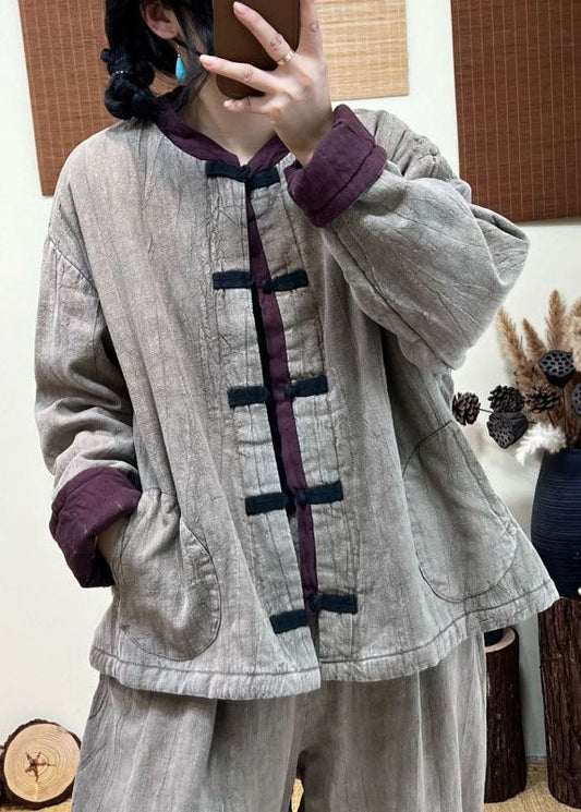  Vintage Light Grey Stand Collar Patchwork Pockets Fine Cotton Filled Coat Winter - Down Jackets - DYAVOR® 