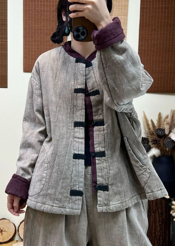  Vintage Light Grey Stand Collar Patchwork Pockets Fine Cotton Filled Coat Winter - Down Jackets - DYAVOR® 