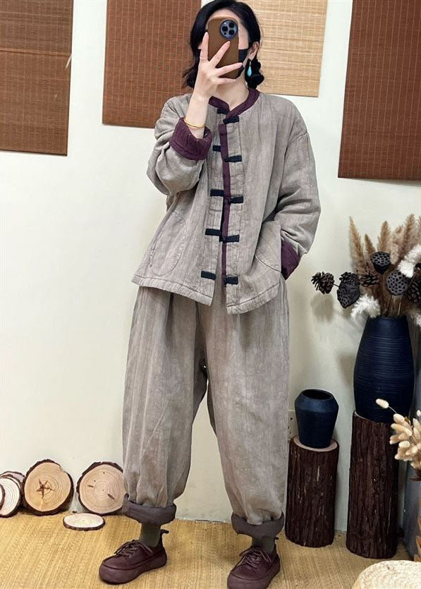  Vintage Light Grey Stand Collar Patchwork Pockets Fine Cotton Filled Coat Winter - Down Jackets - DYAVOR® 