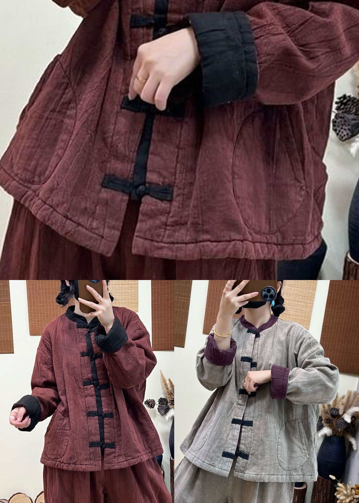  Vintage Light Grey Stand Collar Patchwork Pockets Fine Cotton Filled Coat Winter - Down Jackets - DYAVOR® 