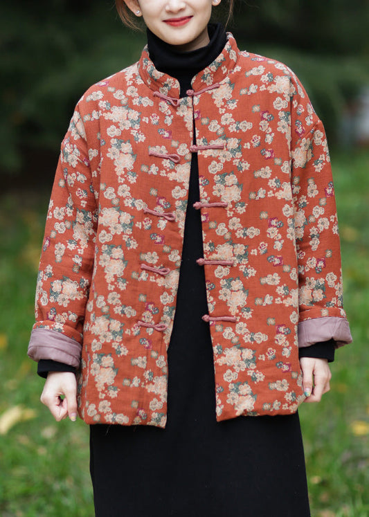  Vintage Orange Stand Collar Print Warm Fleece Parka Winter - Down Jackets - DYAVOR® 