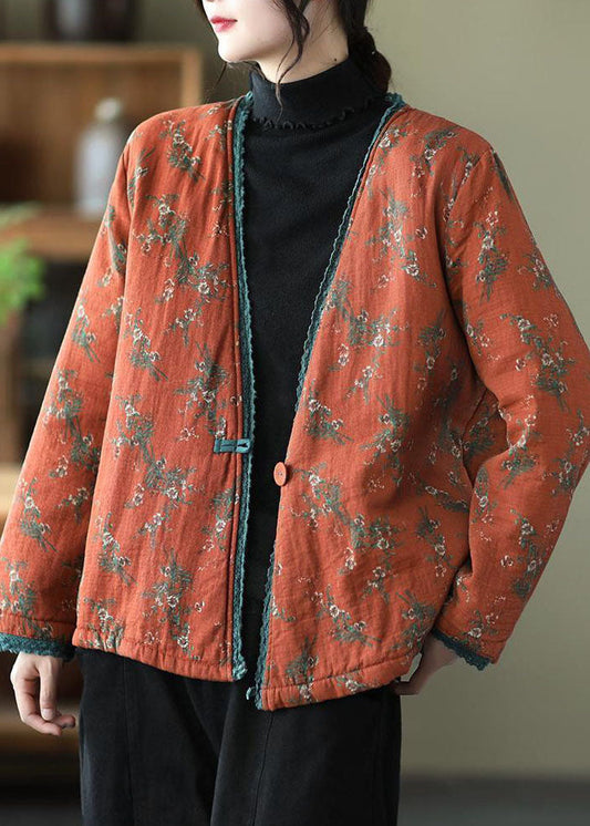  Vintage Orange V Neck Print Fine Cotton Filled Cardigan Winter - Down Jackets - DYAVOR® 