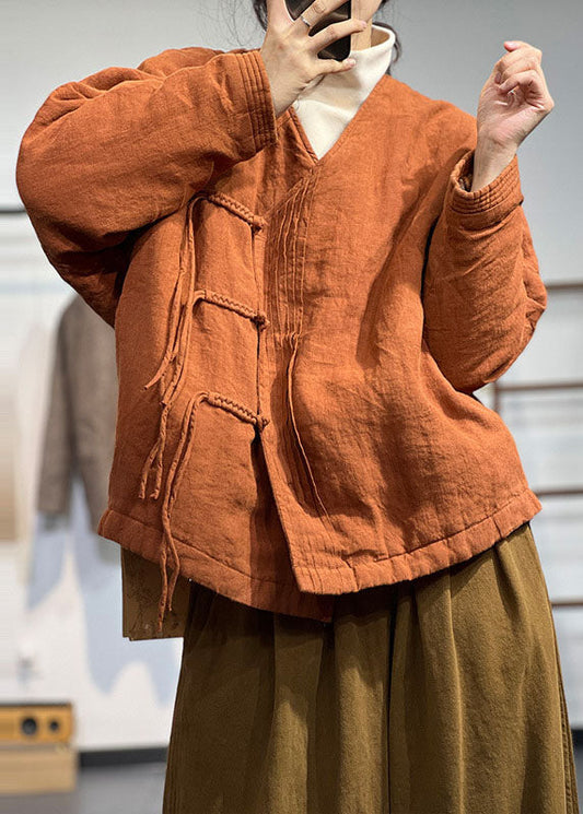  Vintage Orange V Neck Solid Wrinkled Fine Cotton Filled Winter Coats - Down Jackets - DYAVOR® 