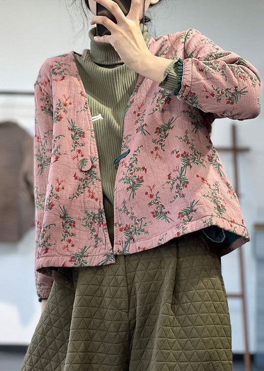  Vintage Pink V Neck Print Fine Cotton Filled Parka Jacket Winter - Down Jackets - DYAVOR® 