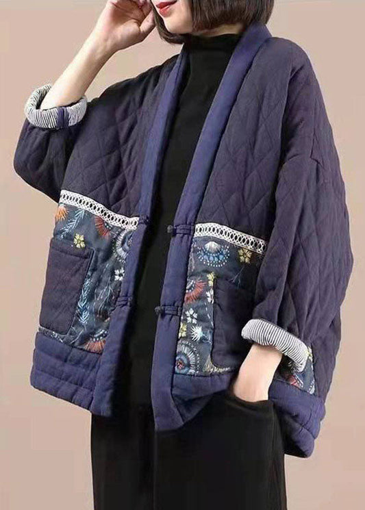  Vintage Purple V Neck Patchwork Print Fine Cotton Filled Parkas Winter - Down Jackets - DYAVOR® 