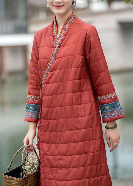  Vintage Red Embroideried Oriental Button Fine Cotton Filled Dress Winter - Down Jackets - DYAVOR® 