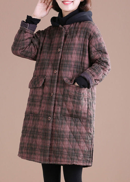  Vintage Red Hooded Plaid Side Open Fine Cotton Filled Jacket In Winter - Down Jackets - DYAVOR® 