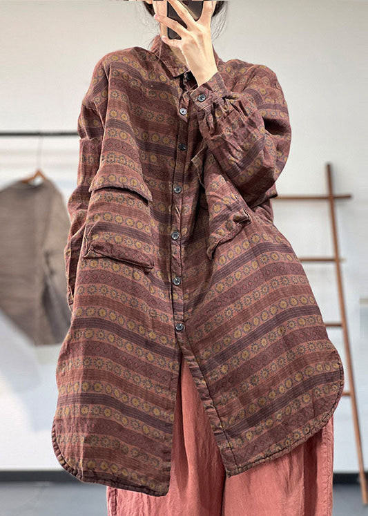  Vintage Red Peter Pan Collar Pockets Print Cotton Filled Linen Coats Winter - Down Jackets - DYAVOR® 