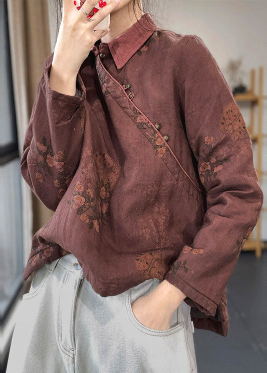  Vintage Red Peter Pan Collar Print Cotton Filled Linen Shirt Tops Winter - Down Jackets - DYAVOR® 