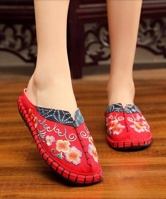  Vintage Red Slide Sandals Embroideried Cotton Fabric Splicing Slides - Slide Sandals - DYAVOR® 