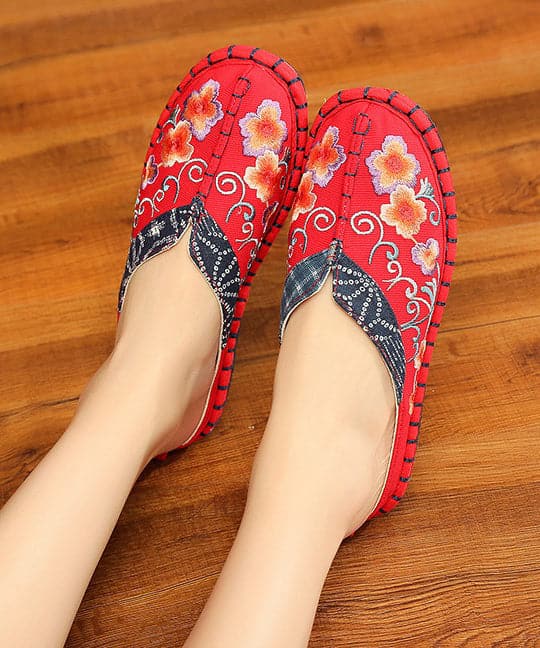  Vintage Red Slide Sandals Embroideried Cotton Fabric Splicing Slides - Slide Sandals - DYAVOR® 