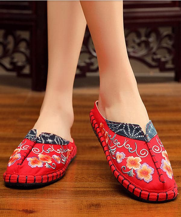  Vintage Red Slide Sandals Embroideried Cotton Fabric Splicing Slides - Slide Sandals - DYAVOR® 