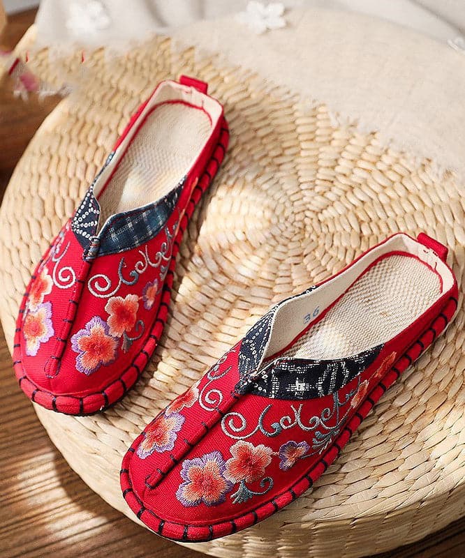  Vintage Red Slide Sandals Embroideried Cotton Fabric Splicing Slides - Slide Sandals - DYAVOR® 
