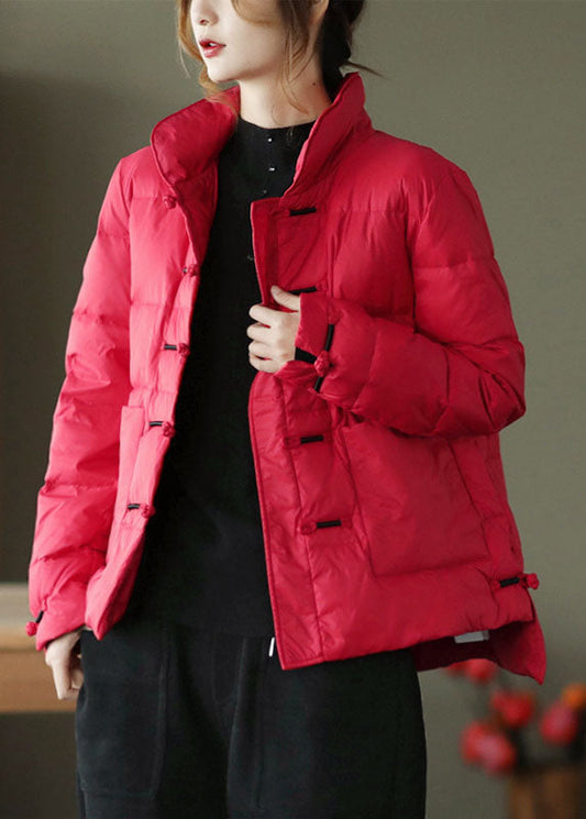 Vintage Red Stand Collar Button Pockets low high design Winter Down Coat - Down Jackets - DYAVOR® 