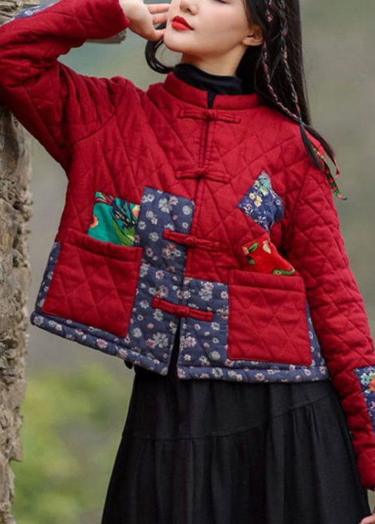  Vintage Red Stand Collar Pockets Patchwork Applique Fine Cotton Filled Coats Winter - Down Jackets - DYAVOR® 