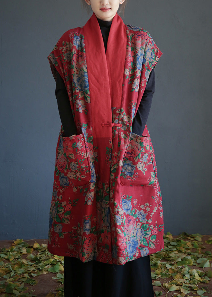  Vintage Red V Neck Print Button Warm Fleece Cotton Waistcoat Winter - Down Jackets - DYAVOR® 