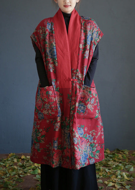  Vintage Red V Neck Print Button Warm Fleece Cotton Waistcoat Winter - Down Jackets - DYAVOR® 