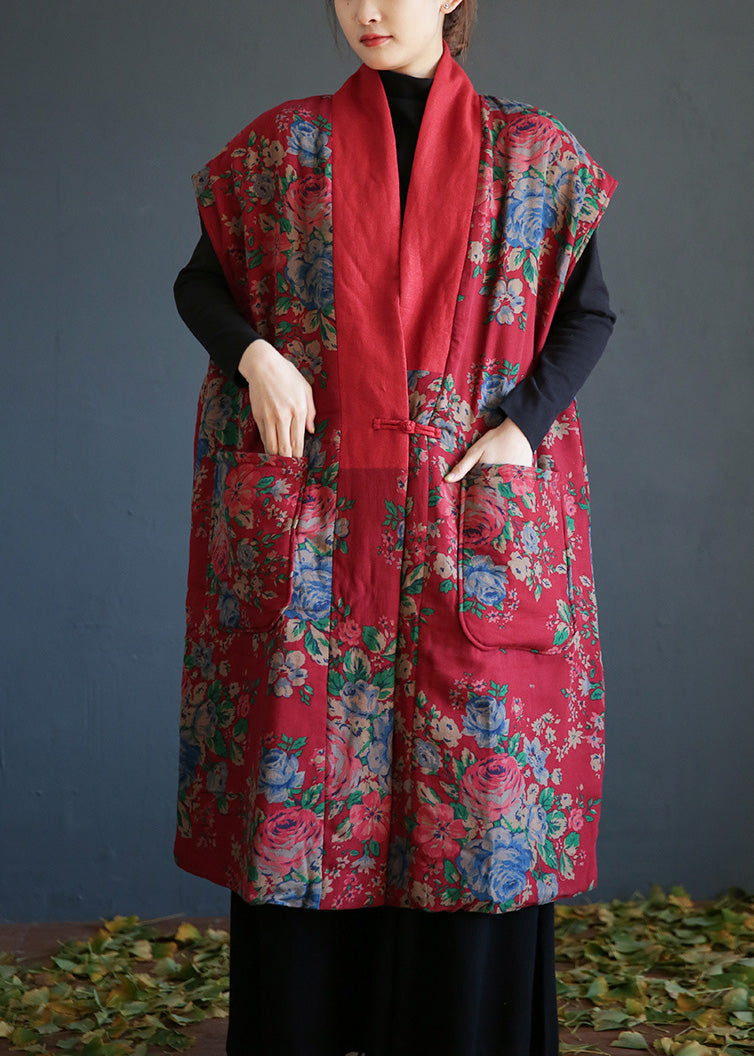  Vintage Red V Neck Print Button Warm Fleece Cotton Waistcoat Winter - Down Jackets - DYAVOR® 