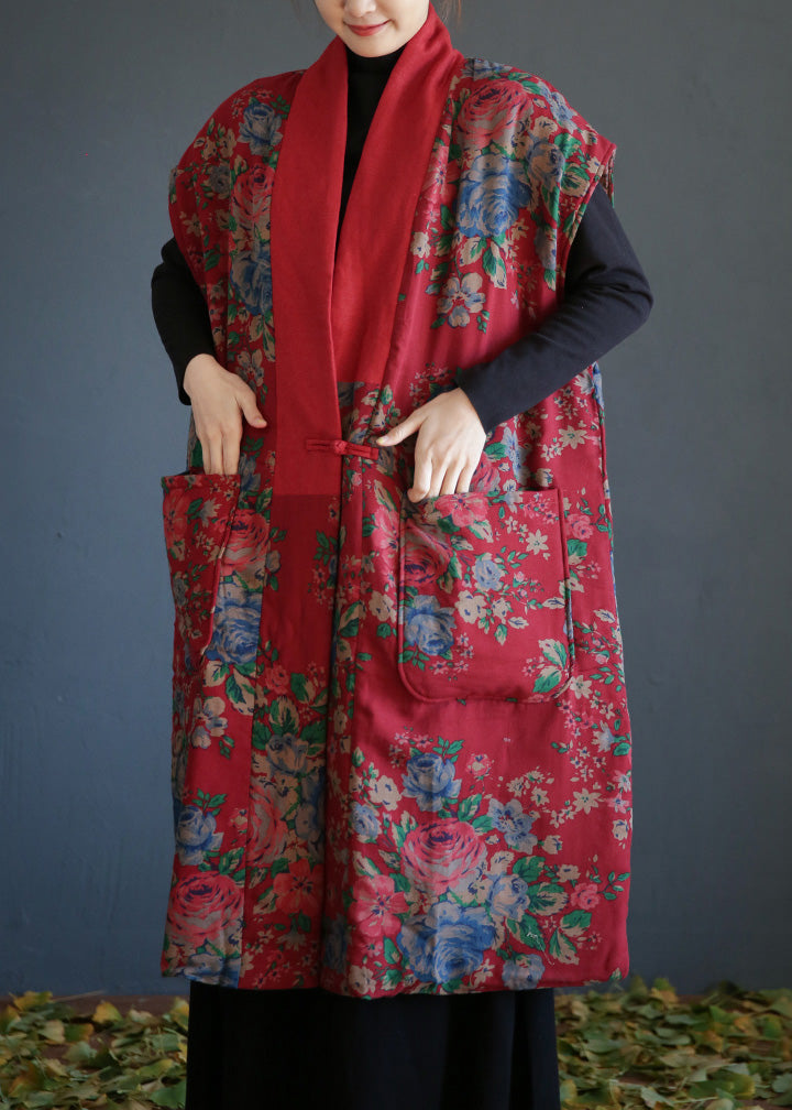  Vintage Red V Neck Print Button Warm Fleece Cotton Waistcoat Winter - Down Jackets - DYAVOR® 