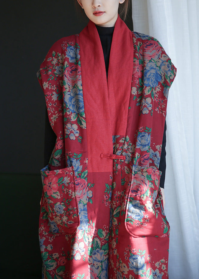  Vintage Red V Neck Print Button Warm Fleece Cotton Waistcoat Winter - Down Jackets - DYAVOR® 