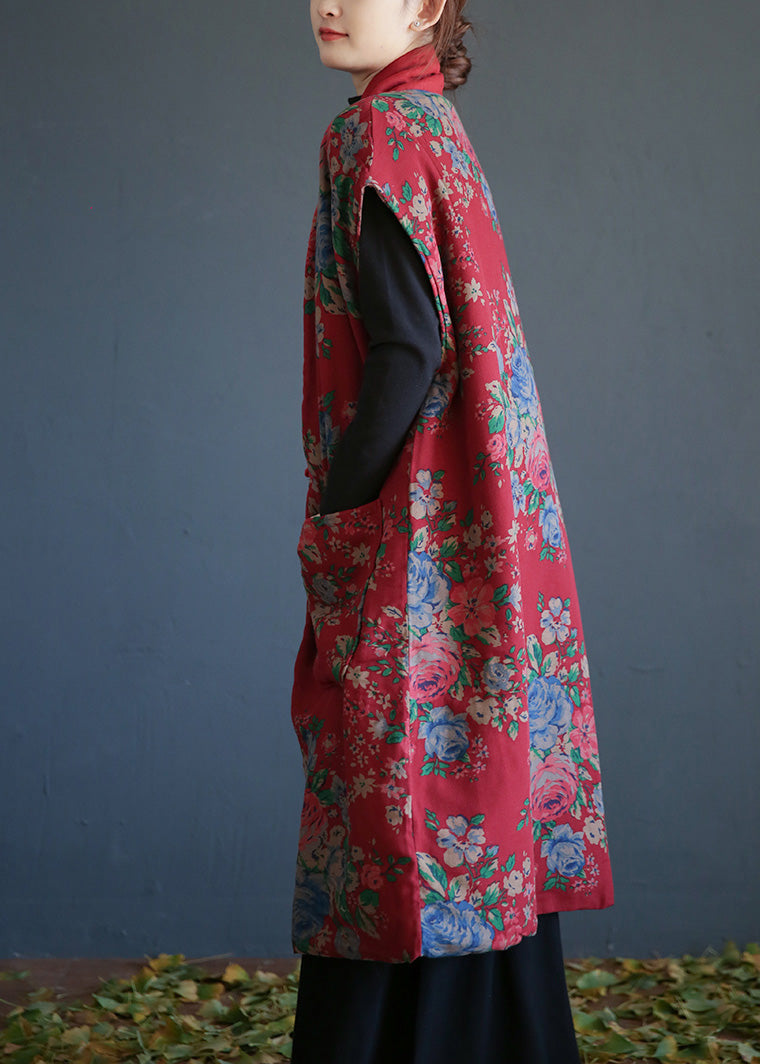  Vintage Red V Neck Print Button Warm Fleece Cotton Waistcoat Winter - Down Jackets - DYAVOR® 