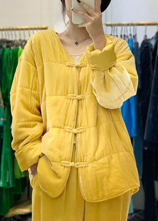  Vintage Yellow button V Neck Fine Cotton Filled coats Winter - Down Jackets - DYAVOR® 