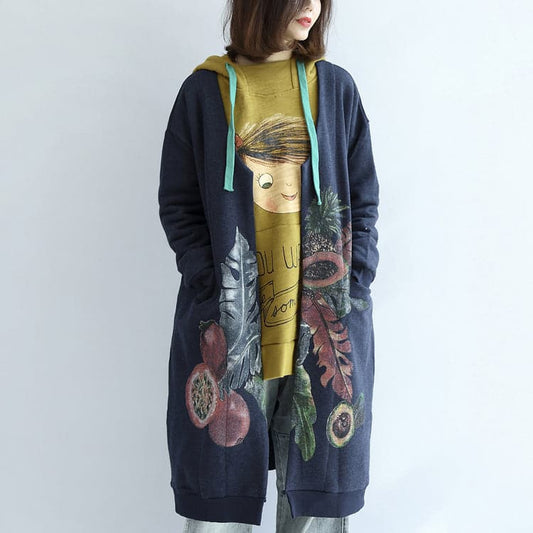  Vintage blue prints cotton cardigans plus size v neck long sleeve trench coats -  - DYAVOR® 
