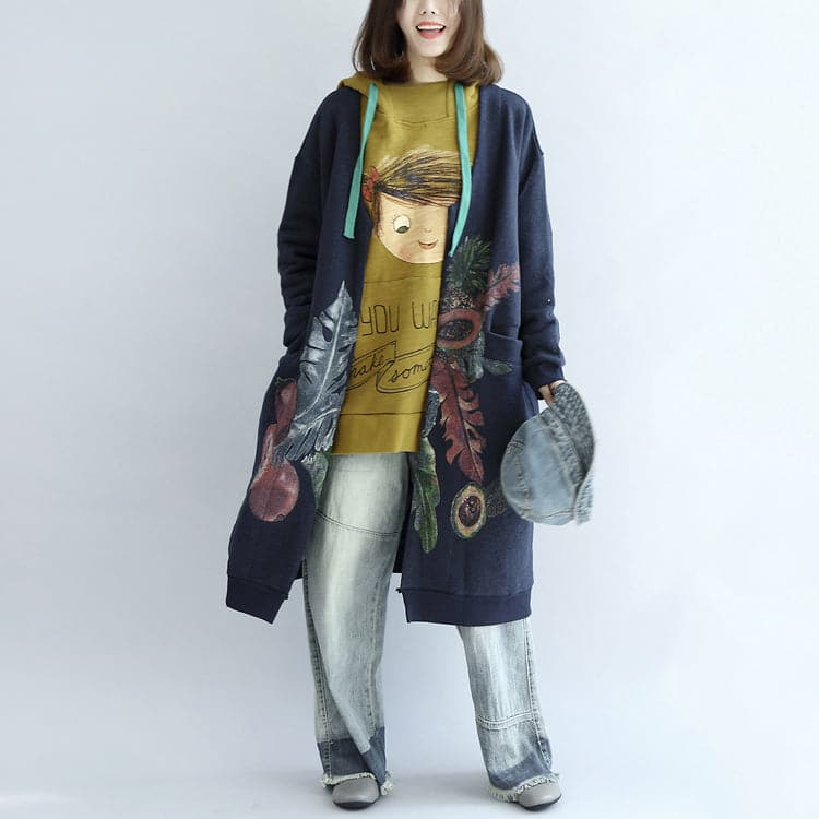 Vintage blue prints cotton cardigans plus size v neck long sleeve trench coats -  - DYAVOR® 