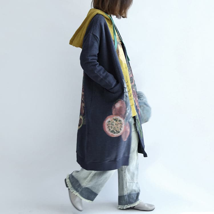  Vintage blue prints cotton cardigans plus size v neck long sleeve trench coats -  - DYAVOR® 