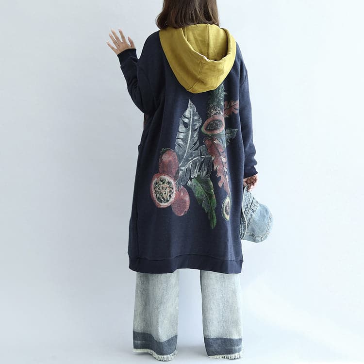  Vintage blue prints cotton cardigans plus size v neck long sleeve trench coats -  - DYAVOR® 