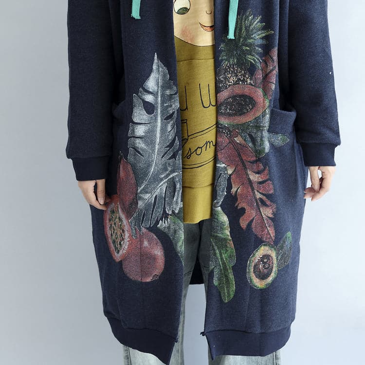  Vintage blue prints cotton cardigans plus size v neck long sleeve trench coats -  - DYAVOR® 