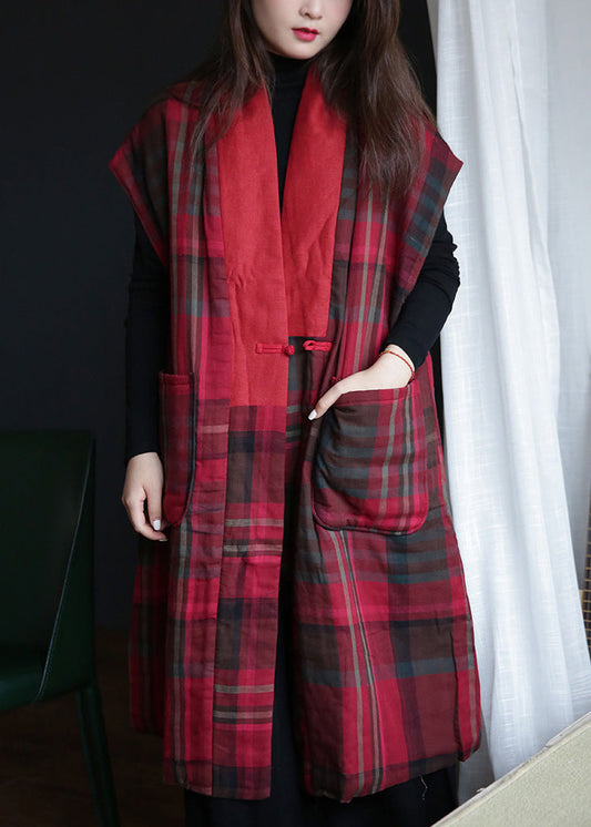  Vogue Red V Neck Plaid Button Warm Fleece Waistcoat Winter - Down Jackets - DYAVOR® 