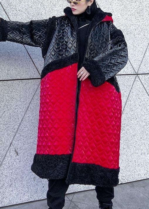  Warm plus size down jacket hooded coats red patchwork casual outfit -  - DYAVOR® 