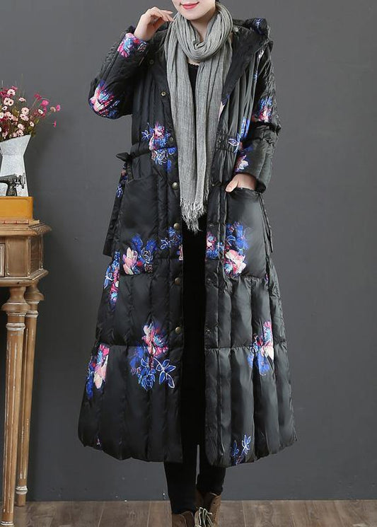  Warm plus size womens parka coats black print hooded pockets goose Down coat -  - DYAVOR® 