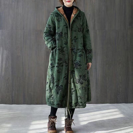  Warm Green Print Parkas For Women Loose Fitting Down Jacket Hooded Pockets Winter Coats -  - DYAVOR® 