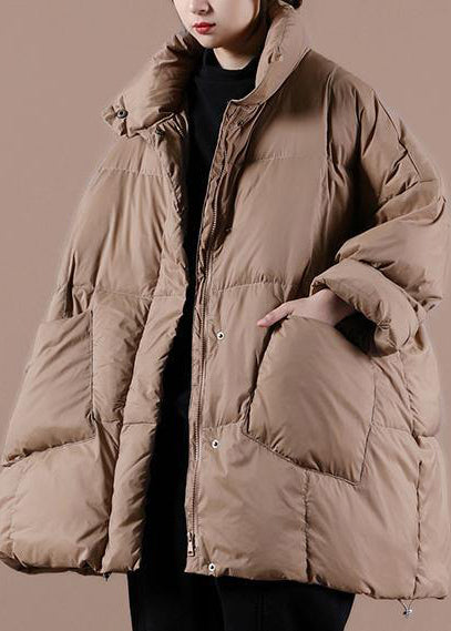  Warm chocolate goose Down coat Loose fitting winter jacket stand collar Large pockets Warm outwear - Down Jackets - DYAVOR® 