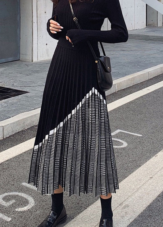  Women Black Patchwork Plaid Knit Skirts Winter - Skirts - DYAVOR® 