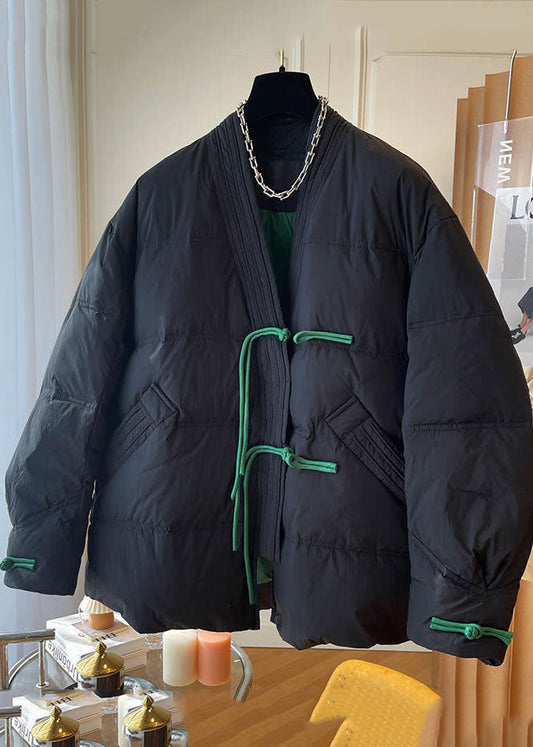  Women Black V Neck Oversized Oriental Button Fine Cotton Filled Jackets Winter - Down Jackets - DYAVOR® 