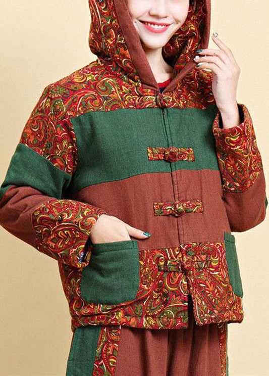  Women Brown Hooded Pockets Patchwork Fine Cotton Filled Parkaer Winter - Down Jackets - DYAVOR® 