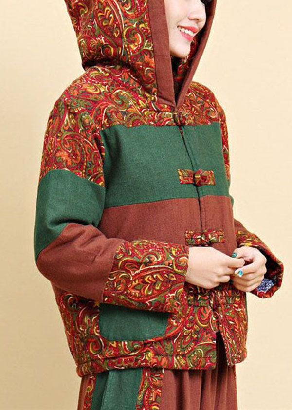  Women Brown Hooded Pockets Patchwork Fine Cotton Filled Parkaer Winter - Down Jackets - DYAVOR® 