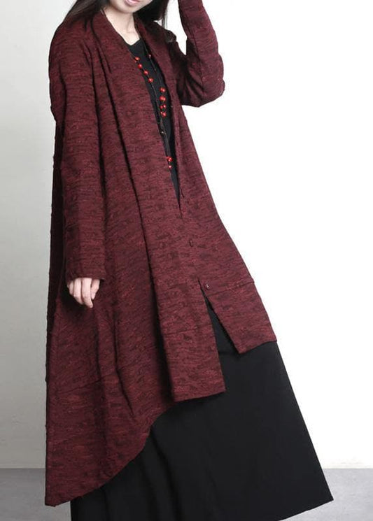  Women Burgundy Jacquard Plus Size Clothes Large Hem Outwear - Trench coats - DYAVOR® 