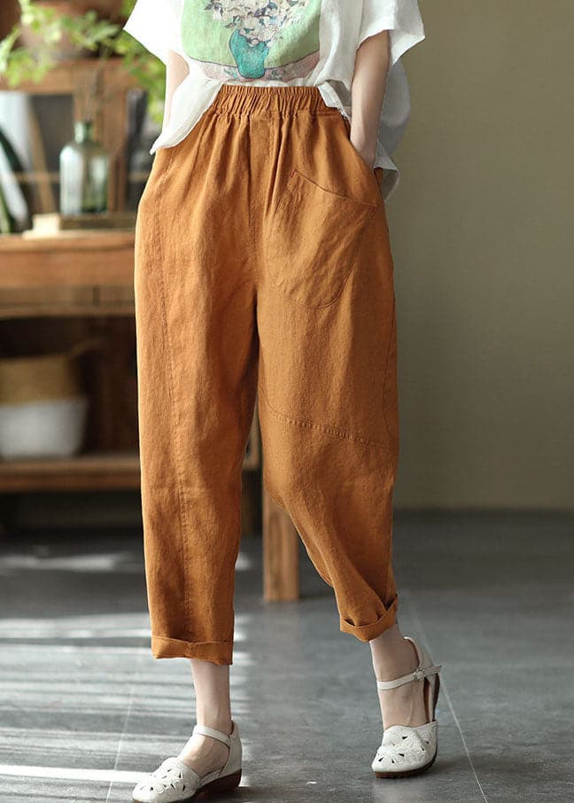  Women Caramel High Waist Solid Color Linen Harem Pants Summer - Crop Pants - DYAVOR® 