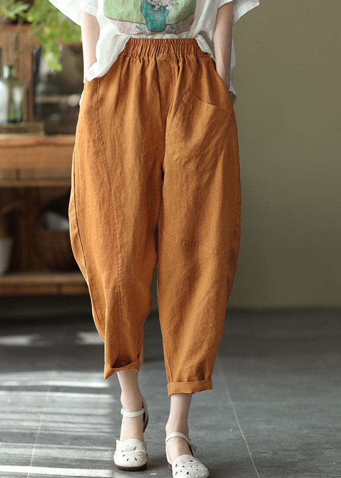  Women Caramel High Waist Solid Color Linen Harem Pants Summer - Crop Pants - DYAVOR® 