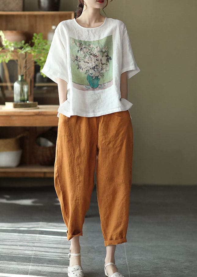  Women Caramel High Waist Solid Color Linen Harem Pants Summer - Crop Pants - DYAVOR® 