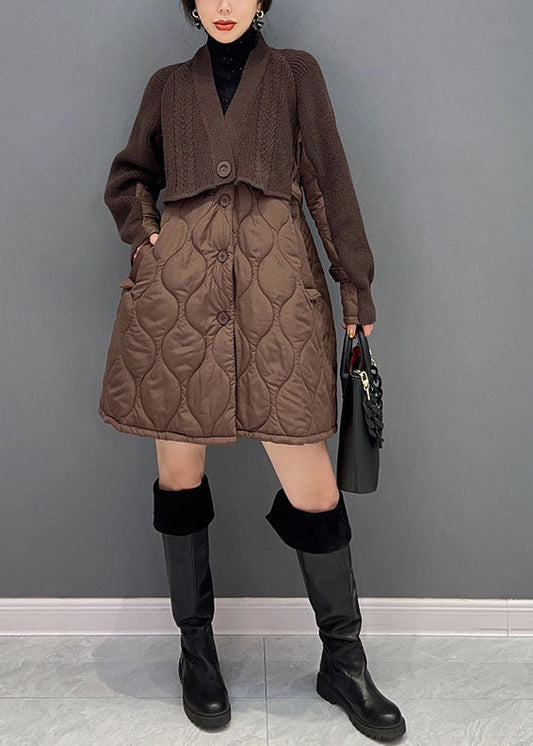  Women Chocolate V Neck Knit Patchwork  Cotton Filled coats Winter - Down Jackets - DYAVOR® 