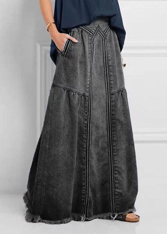  Women Distressed Solid Color Elastic Waist Loose Denim Skirt With Pocket - Skirts - DYAVOR® 