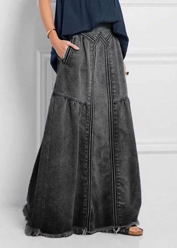  Women Distressed Solid Color Elastic Waist Loose Denim Skirt With Pocket - Skirts - DYAVOR® 